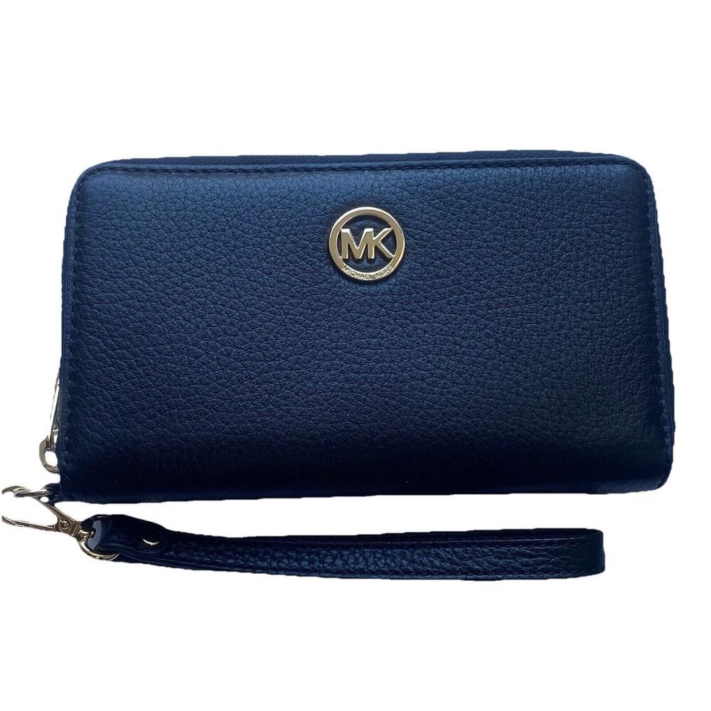 MICHAEL KORS Fulton Black Pebbled Leather Wristlet/Wallet‎ with Zipper & Gold